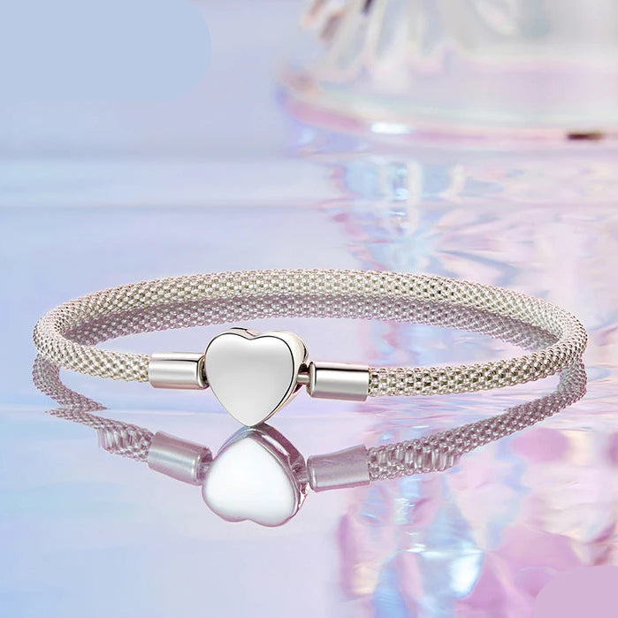 BAMOER Heart Basic Charm Bracelet 925 Sterling Silver Snake Chain Basic Bracelet For Women Heart Love Jewelry 17CM 19CM Mirror Quenn
