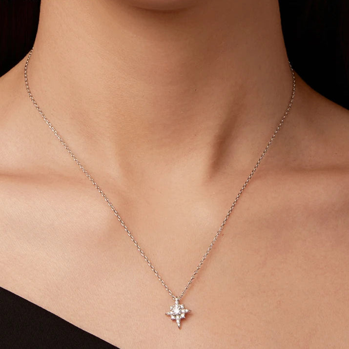 Starburst Moissanite Necklace for Women, 925 Sterling Silver Plated 18K White Gold Star Pendant Necklace Dazzling Gift Mirror Quenn
