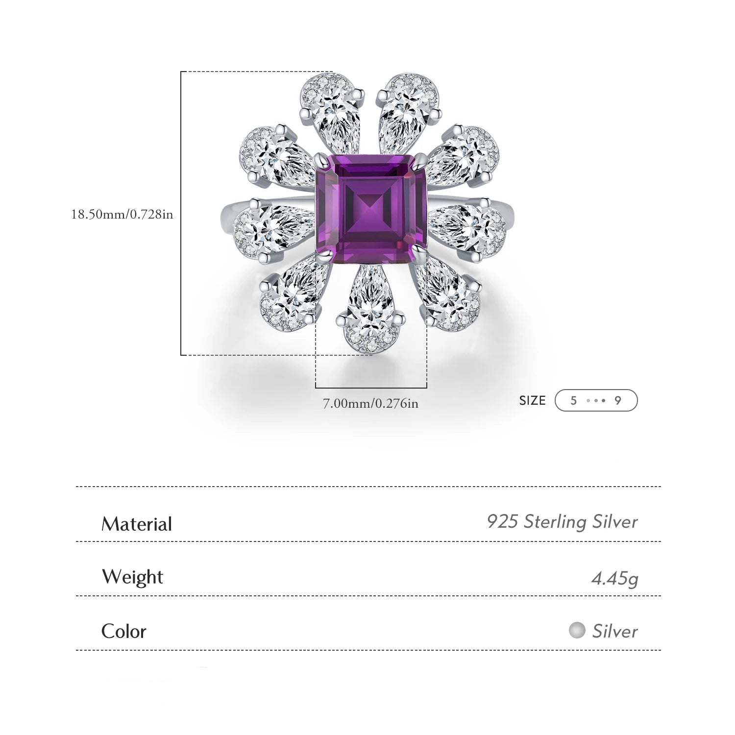 MODIAN 925 Sterling Silver Luxury Ascher Cut Violet Color Flower Zirconia Finger Rings For Women Party Fine Jewelry Mirror Quenn