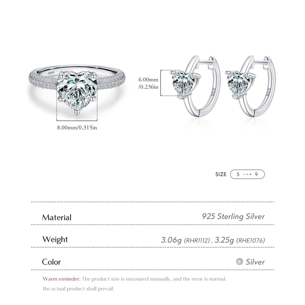 Modian New 925 Sterling Silver Clear Hearts Zirconia Buckles Hoop Earrings Wedding Ring for Women Fine Jewelry Set Wedding Gift Mirror Quenn