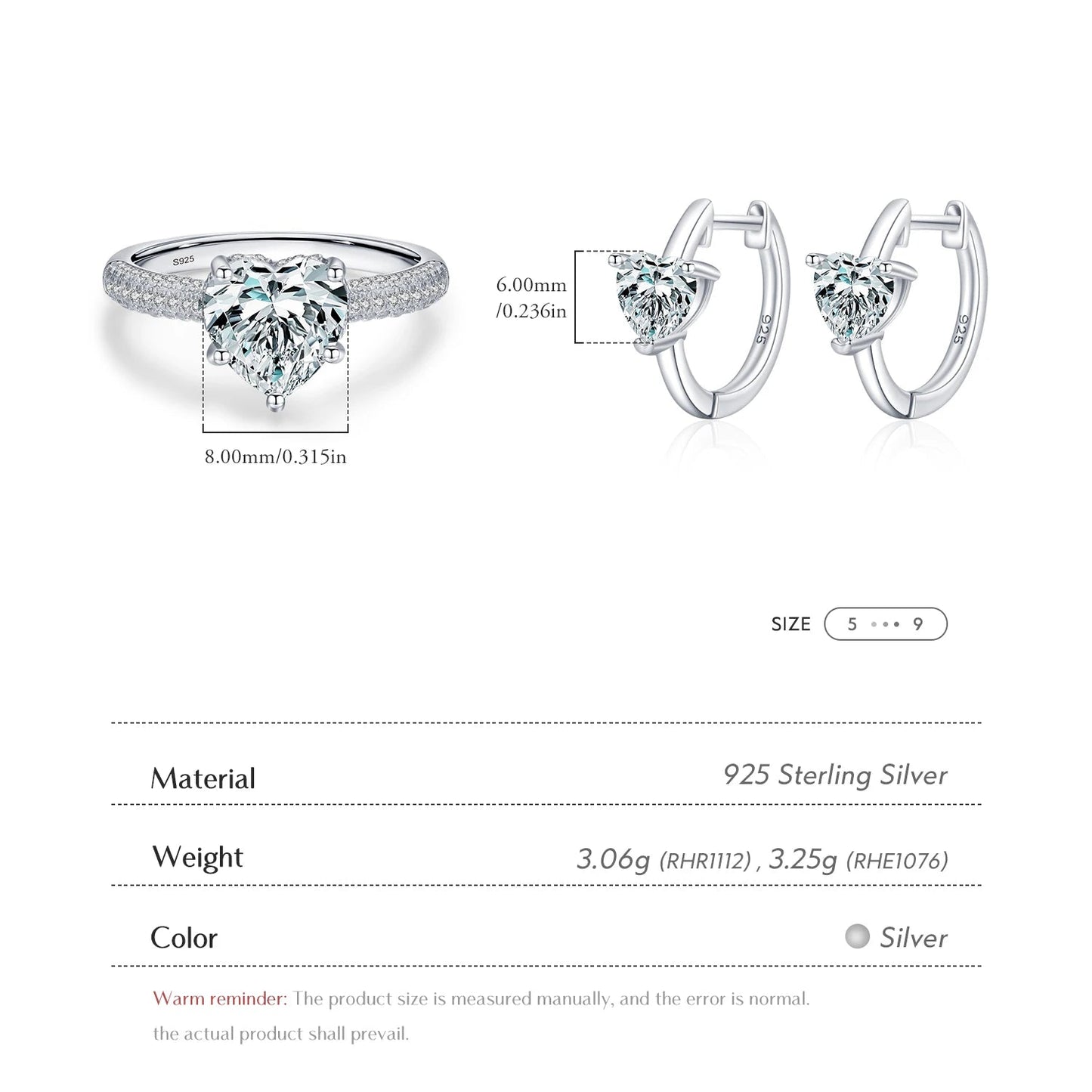 Modian New 925 Sterling Silver Clear Hearts Zirconia Buckles Hoop Earrings Wedding Ring for Women Fine Jewelry Set Wedding Gift Mirror Quenn