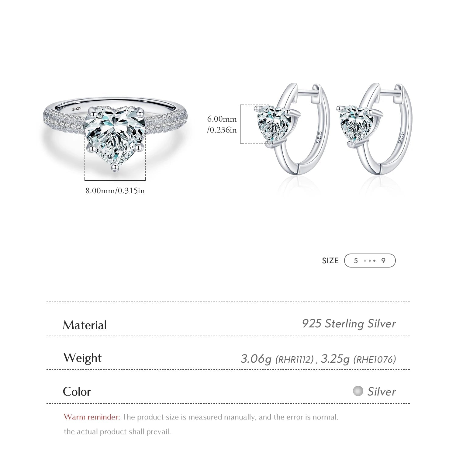 Modian New 925 Sterling Silver Clear Hearts Zirconia Buckles Hoop Earrings Wedding Ring for Women Fine Jewelry Set Wedding Gift Mirror Quenn