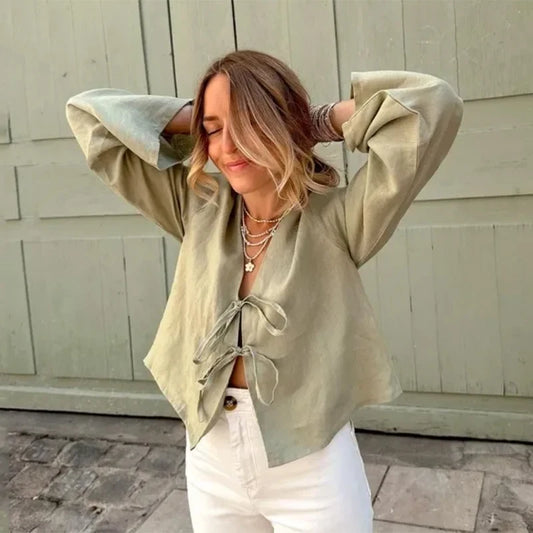 Loose Fit V-Neck Lace-Up Shirt