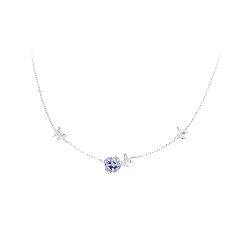 Bamoer 925 Sterling Silver Purple Enamel Pansy Flower Pendant Necklace Dancing Butterfly Adjustable Neck Chain for Women BSN336 Mirror Quenn