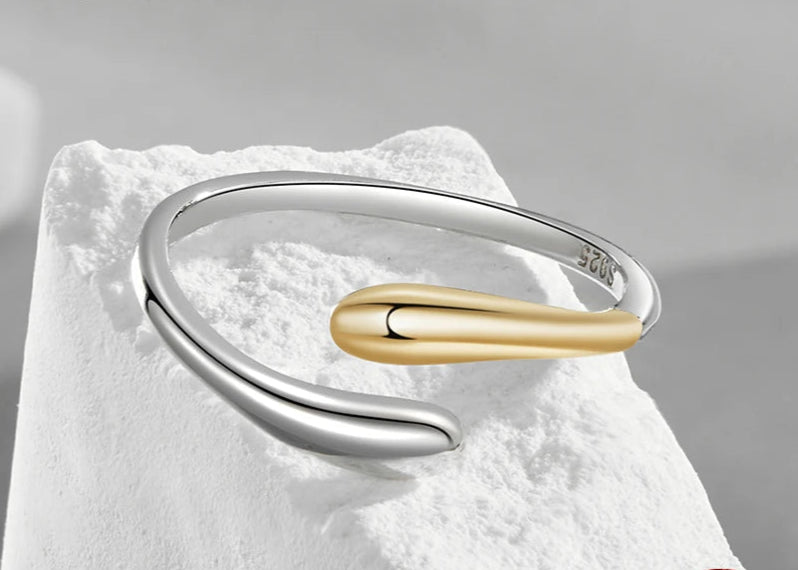 925 Sterling Silver Two-Tone Waterdrop Open Adjustable Ring, Waterdrop Rings Statement Rings Simple Stackable Band Rings Mirror Quenn
