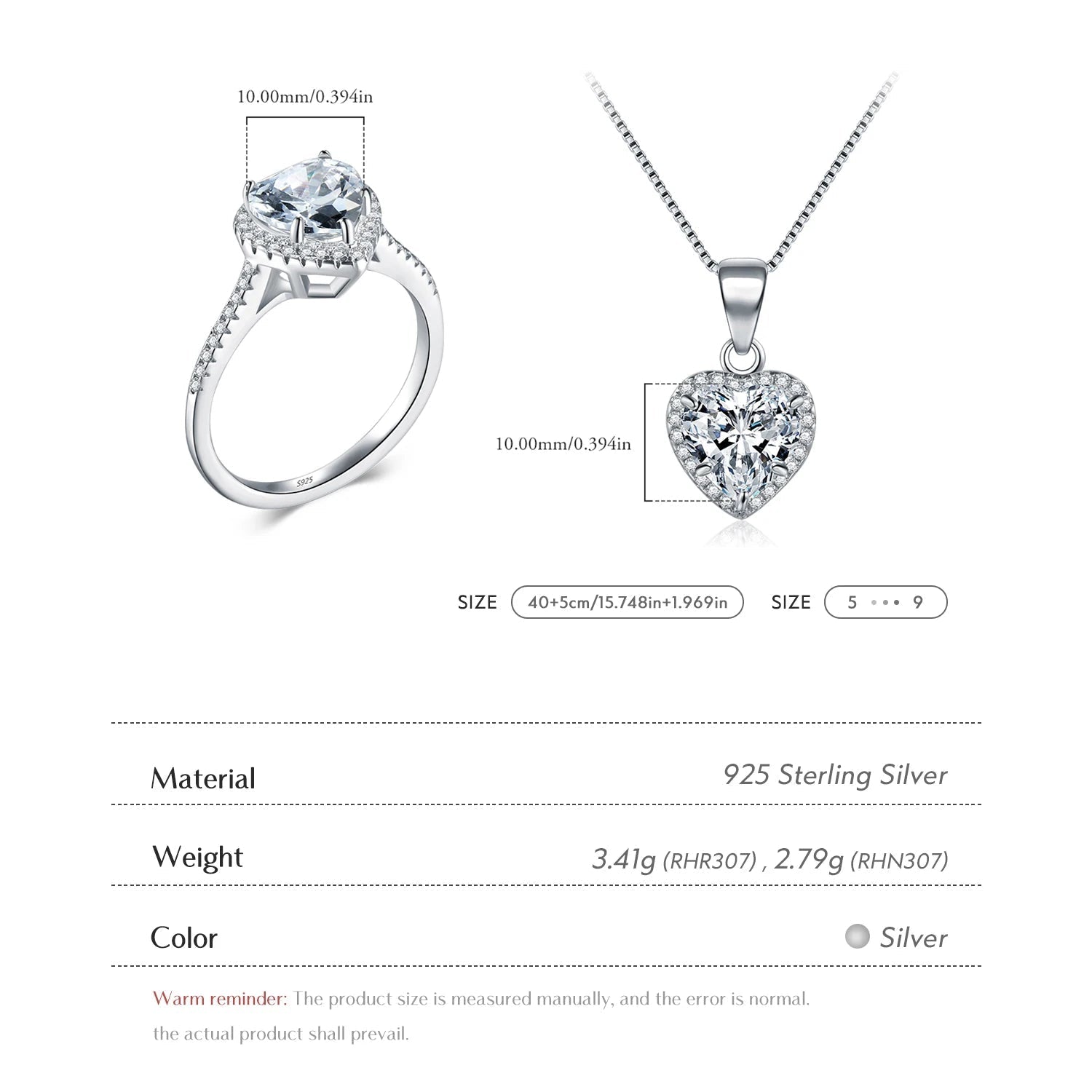 Heart Zircon Bridal Ring & Necklace Set Mirror Quenn