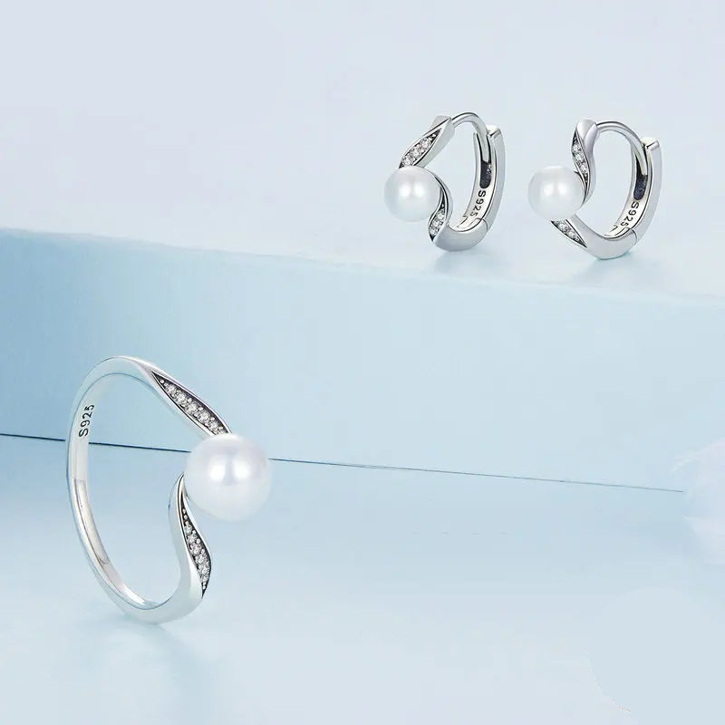 Bamoer 925 Sterling Silver Geometric Quality Shell Pearl Ring & Ear Buckle Jewelry Set Pave Setting CZ for Women Engagement Gift Mirror Quenn