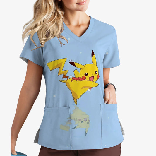 Pikachu Print V-Neck Scrub Top for Women | Cute Cartoon Work Uniform - MirrorQuenn