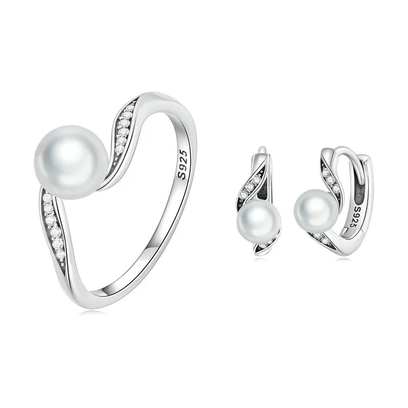 Bamoer 925 Sterling Silver Geometric Quality Shell Pearl Ring & Ear Buckle Jewelry Set Pave Setting CZ for Women Engagement Gift Mirror Quenn