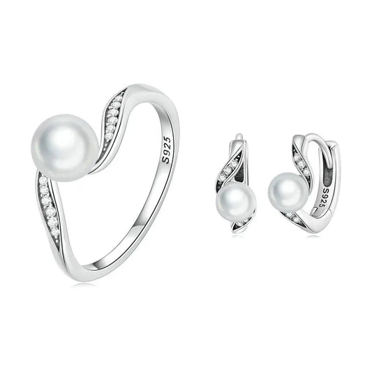 Bamoer 925 Sterling Silver Geometric Quality Shell Pearl Ring & Ear Buckle Jewelry Set Pave Setting CZ for Women Engagement Gift Mirror Quenn