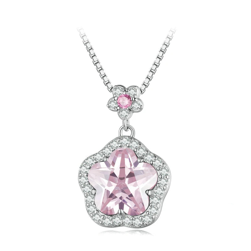 Bamoer 925 Sterling Silver Pink Flower Pendant Necklace Little Star Neck Chain Pave Setting CZ for Women Valentine's Day Gift Mirror Quenn
