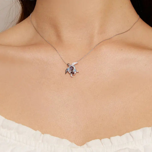 Bamoer 925 Sterling Silver Blue Spinel Sea Turtle Pendant Necklace Pave Setting CZ for Women Valentine's Day Gift Mirror Quenn