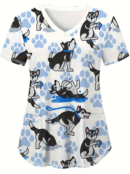 Cute Cat & Dog Print Medical Top – V-Neck Scrub