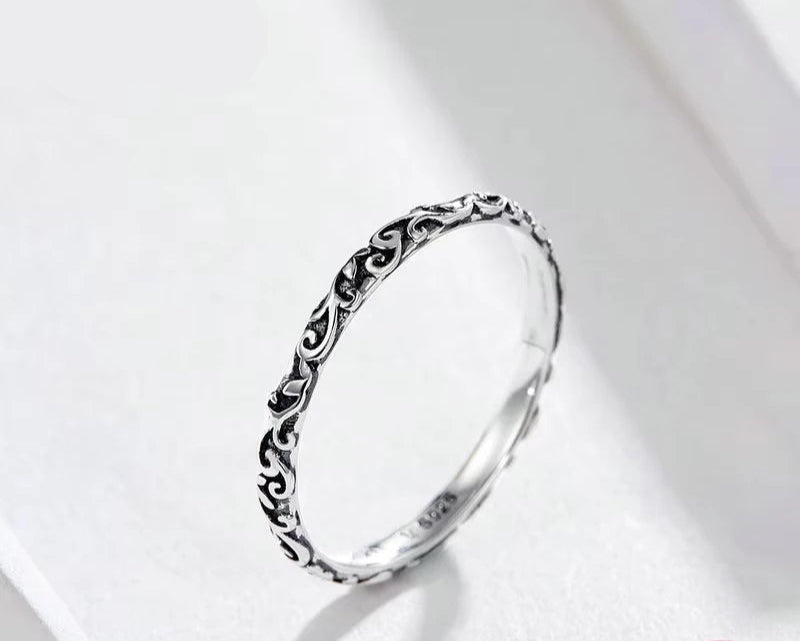 2mm 925 Sterling Silver Vintage Pattern Minimalist Band Ring, Silver Stacking Rings for Women SCR513 Mirror Quenn