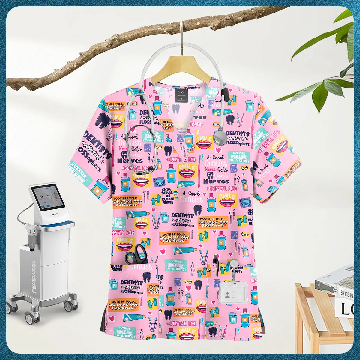 Printed Scrub Top with Pockets – V-Neck