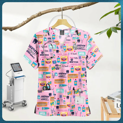 Printed Scrub Top with Pockets – V-Neck
