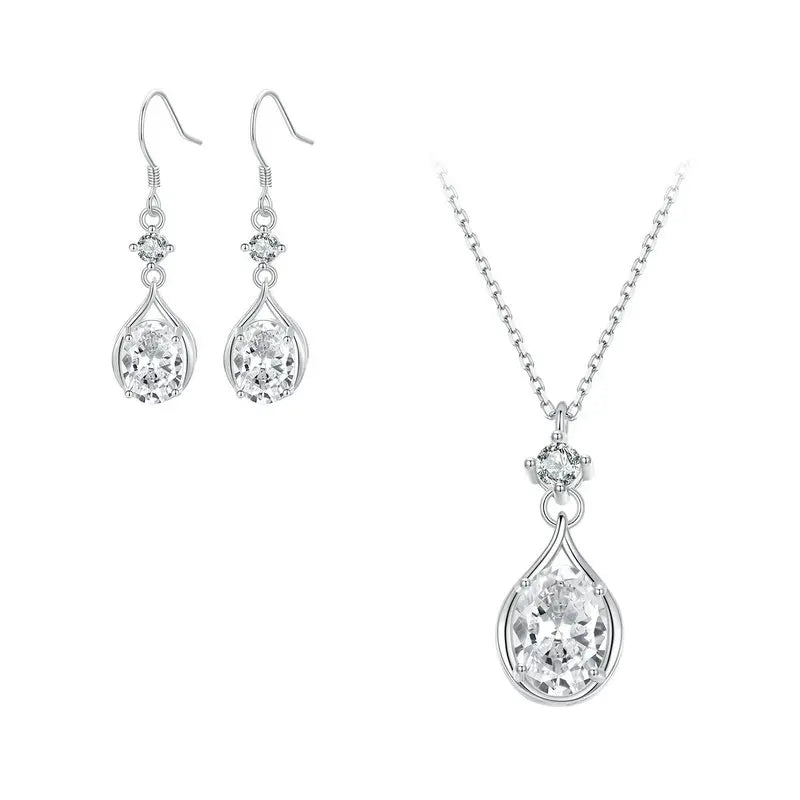 BAMOER 925 Sterling Silver Teardrop Earrings+Necklace for Women Cubic Zirconia Round Cut Dainty Jewelry Set Gifts for Women Mirror Quenn