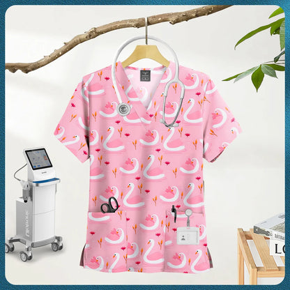 Printed Scrub Top with Pockets – V-Neck