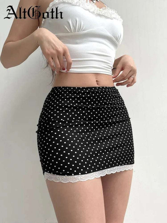 AltGoth Aesthetic Soft Goth Skirt Women Elegant Fairycore Grunge Lace Hem Low Waist Polka Dot Skirt Y2k E-girl Sweet Skirt Femme