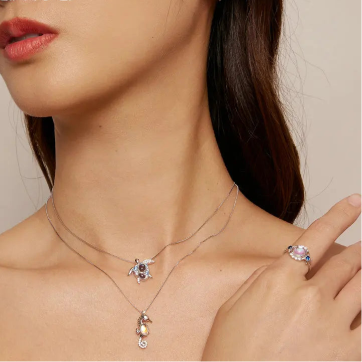 Bamoer 925 Sterling Silver Blue Spinel Sea Turtle Pendant Necklace Pave Setting CZ for Women Valentine's Day Gift Mirror Quenn