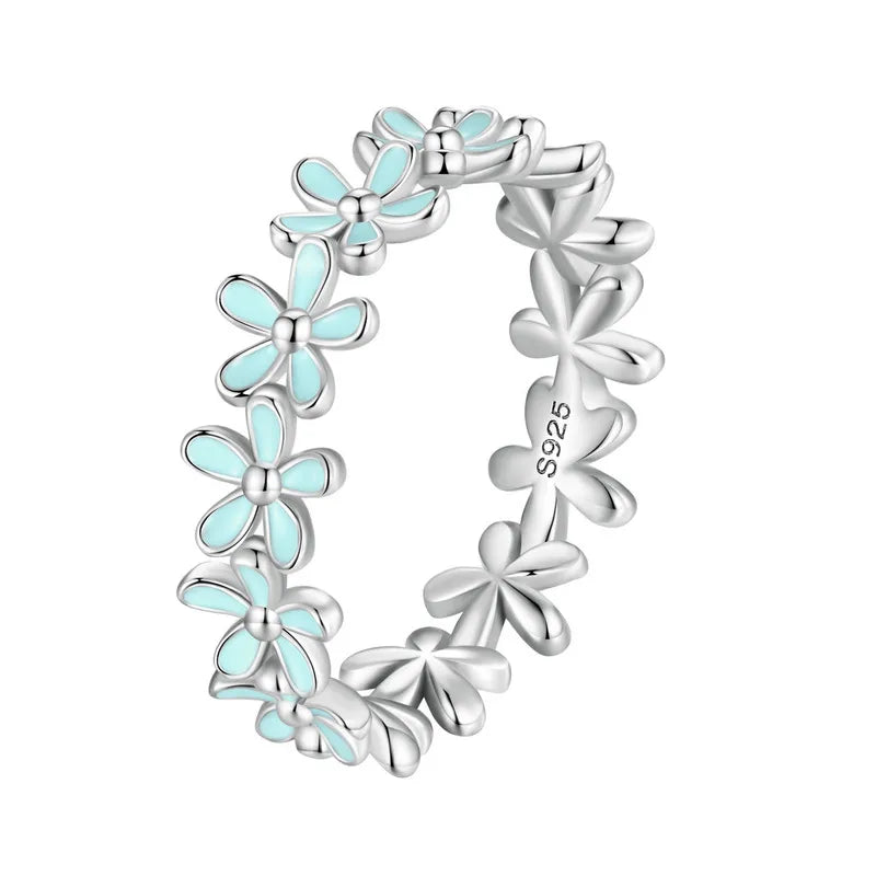 BAMOER 925 Sterling Silver Flower Rings Pink Wreath Finger Ring Stacking for Women Birthday Gift Sweet Romatic Fine Jewelry Mirror Quenn