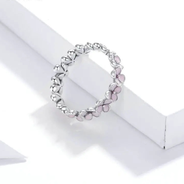 925 Sterling Silver Flower Rings Pink Wreath Finger Ring Stacking for Women Birthday Gift Sweet Romatic Fine Jewelry Mirror Quenn