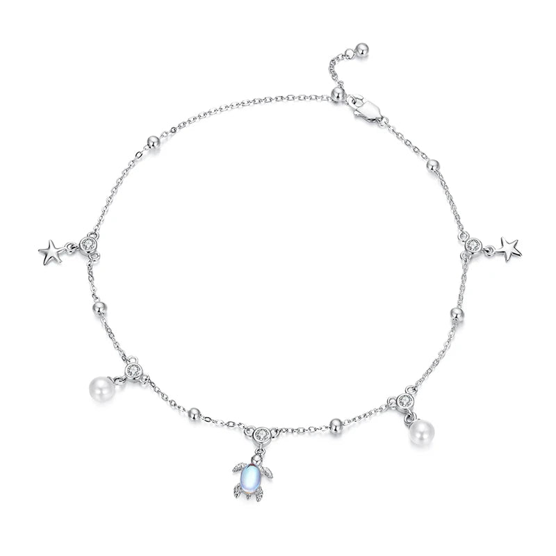 925 Sterling Silver Snake Chain Anklet Adjustable Turtle