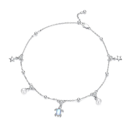 925 Sterling Silver Snake Chain Anklet Adjustable Turtle