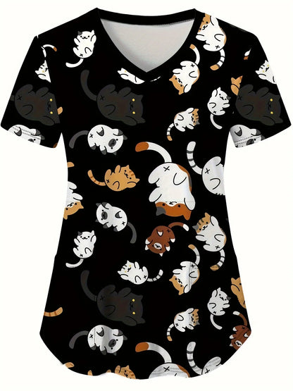Cute Cat & Dog Print Medical Top – V-Neck Scrub