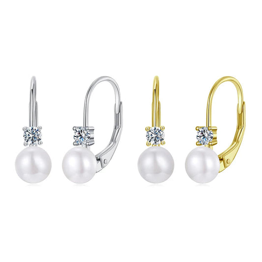 BAMOER Platinum Plated Moissanite Freshwater Pearl Earrings for Women, Round Cut Lab Diamond 925 Silver Hypoallergenic Earrings Mirror Quenn