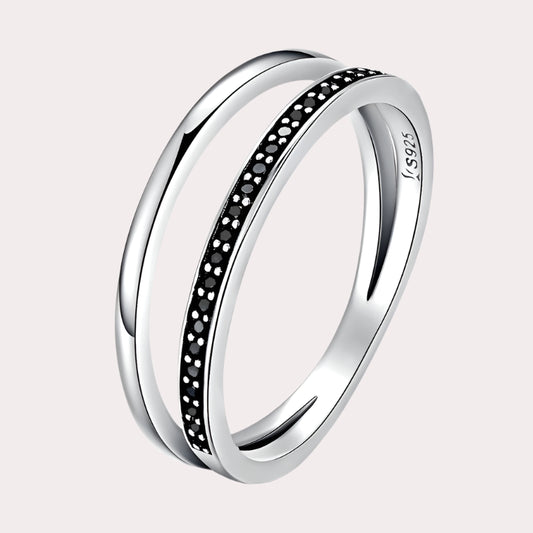 Bamoer Genuine 925 Sterling Silver Double Circle Black Clear CZ Stackable Finger Ring for Women Fine Silver Jewelry Gift SCR082 Mirror Quenn