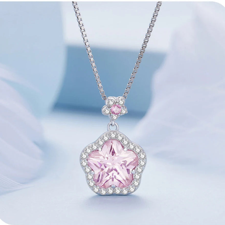 Bamoer 925 Sterling Silver Pink Flower Pendant Necklace Little Star Neck Chain Pave Setting CZ for Women Valentine's Day Gift Mirror Quenn