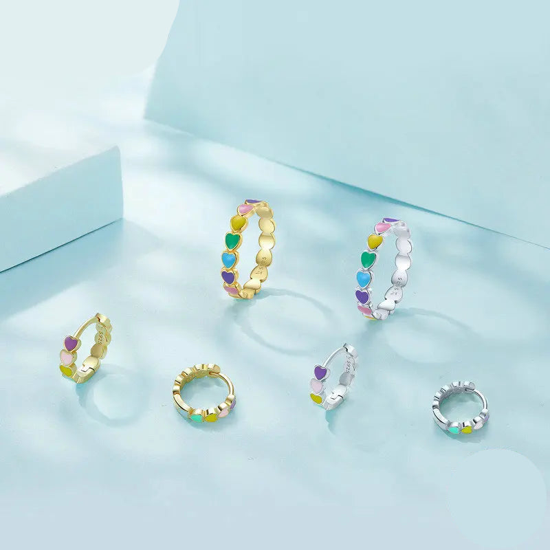 Bamoer 925 Sterling Silver Rainbow Series Heart to Heart Ring & Earrings Jewelry Set for Women Fine Jewelry Gift Mirror Quenn