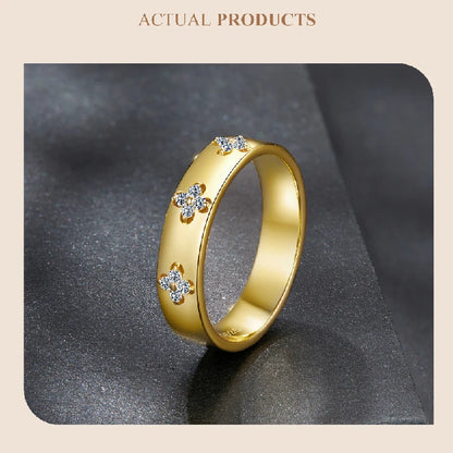 Moissanite Clover Ring 925 Sterling Silver Gold Plated Band