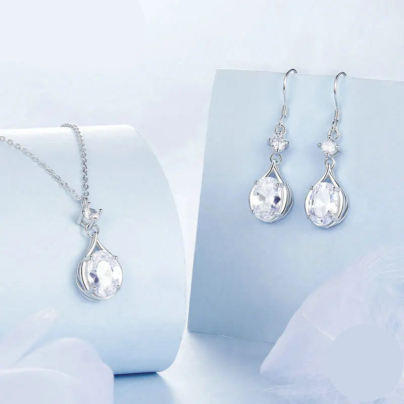 BAMOER 925 Sterling Silver Teardrop Earrings+Necklace for Women Cubic Zirconia Round Cut Dainty Jewelry Set Gifts for Women Mirror Quenn
