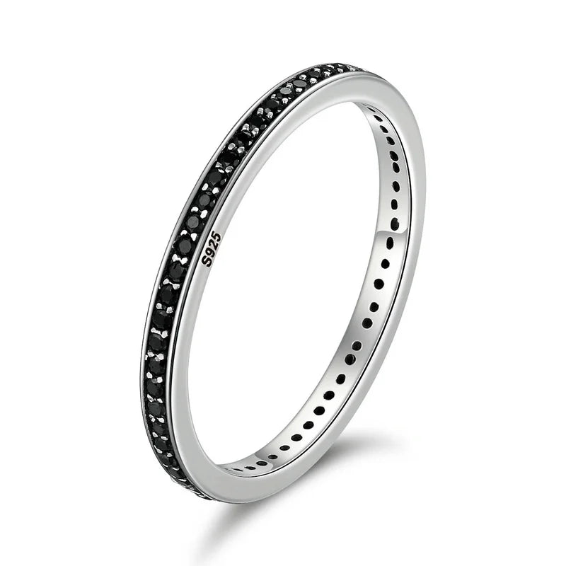 Bamoer Genuine 925 Sterling Silver Double Circle Black Clear CZ Stackable Finger Ring for Women Fine Silver Jewelry Gift SCR082 Mirror Quenn