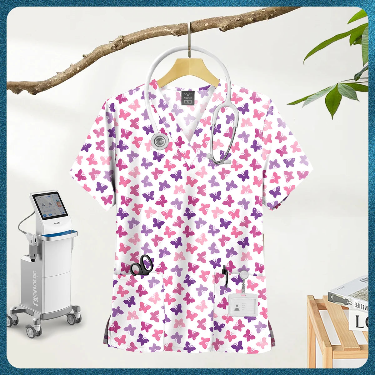 Printed Scrub Top with Pockets – V-Neck