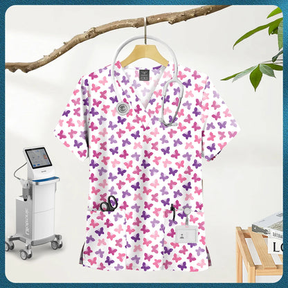 Printed Scrub Top with Pockets – V-Neck