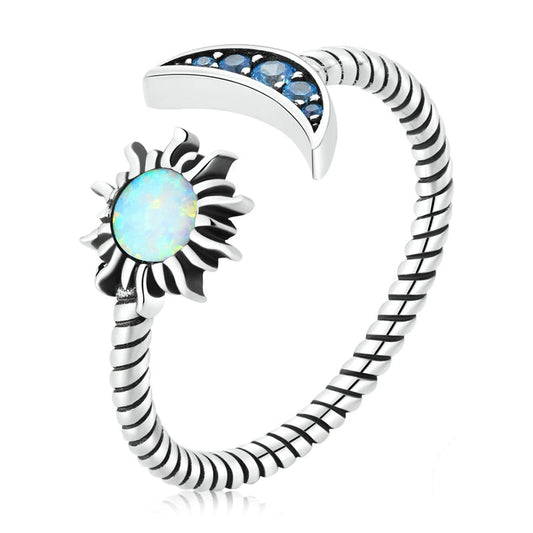 BAMOER Authentic 925 Sterling Silver Shining Sun & Moon Open Size Ring for Women Vintage Opal Ring Fine Jewelry Party Gift Mirror Quenn