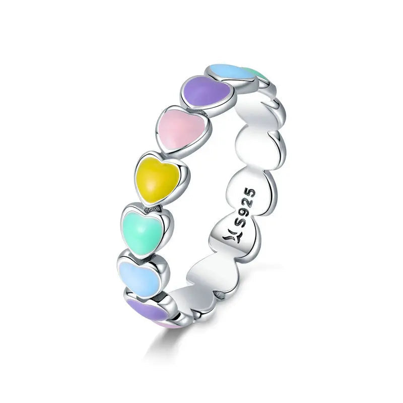 BAMOER 925 Sterling Silver Cute Rainbow Heart Finger Ring for Women Stackable Silver Ring with Mini Hearts Trendy Jewelry Mirror Quenn