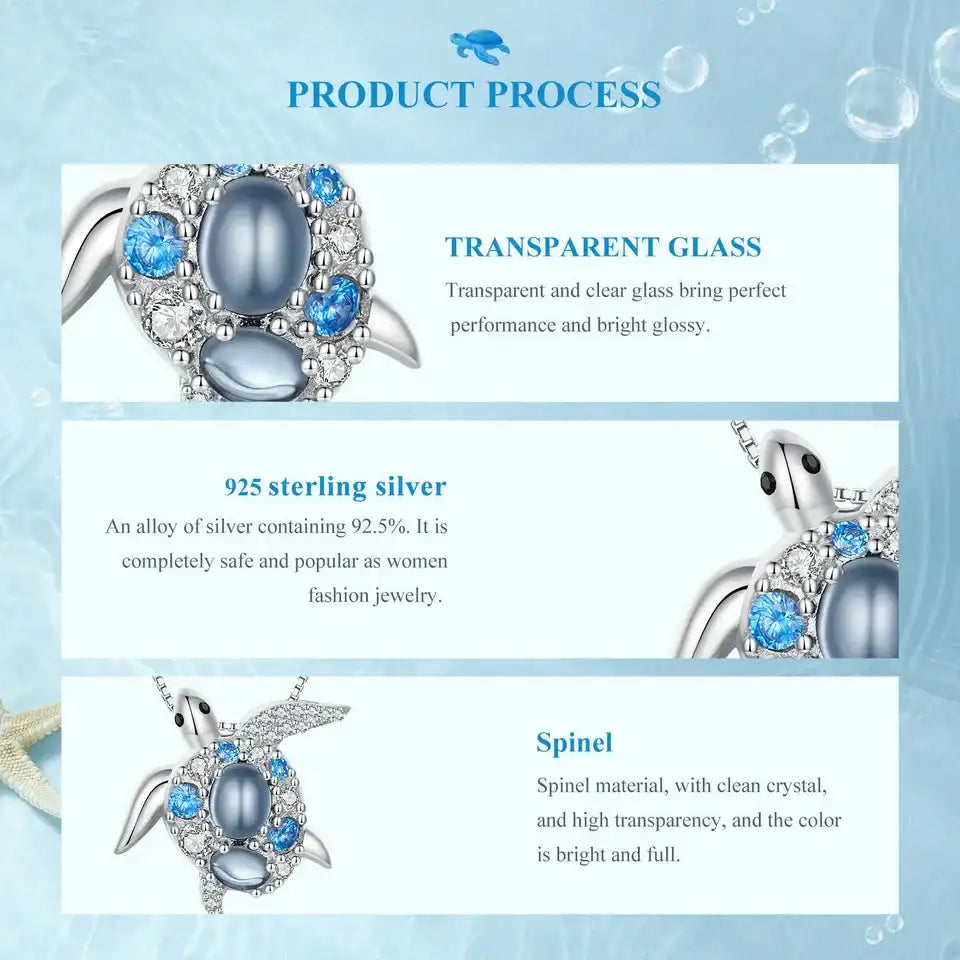 Bamoer 925 Sterling Silver Blue Spinel Sea Turtle Pendant Necklace Pave Setting CZ for Women Valentine's Day Gift Mirror Quenn