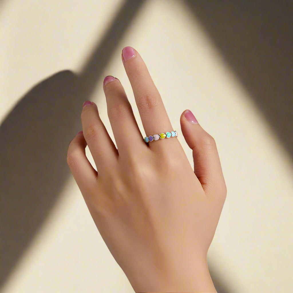 BAMOER 925 Sterling Silver Cute Rainbow Heart Finger Ring for Women Stackable Silver Ring with Mini Hearts Trendy Jewelry Mirror Quenn