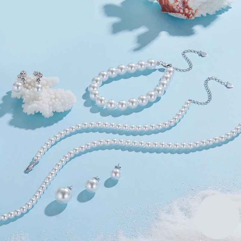 BAMOER White Pearl Bracelets for Women, 925 Silver Adjustable Clasp Chain Faux Pearl Beaded Bracelets Bridal Wedding Jewelry Mirror Quenn