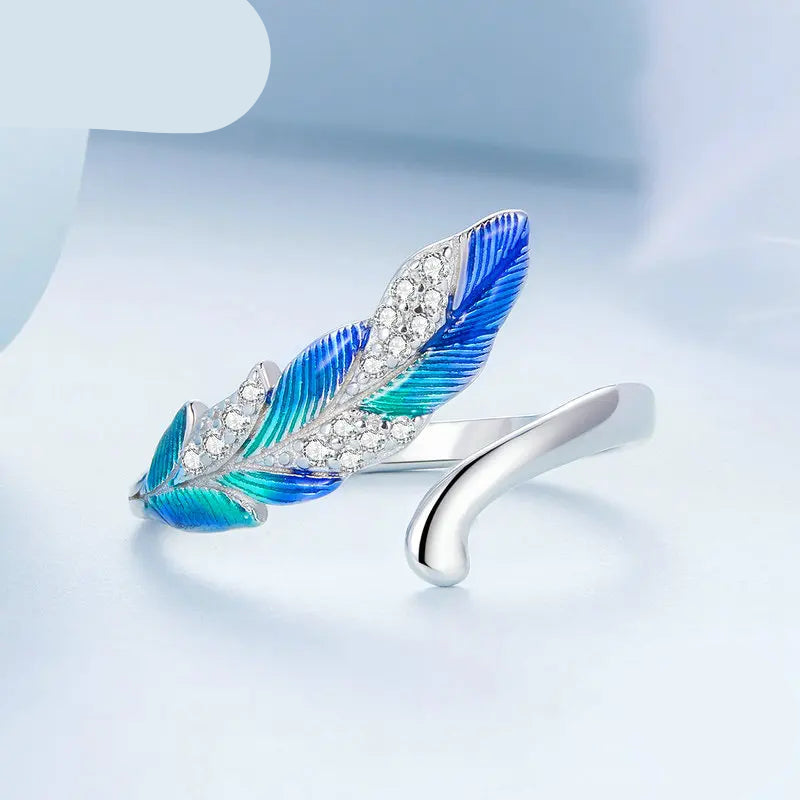 Bamoer 925 Sterling Silver Blue Peacock Feather Open Ring and Earrings Jewerly Set Pave Setting CZ for Women Chic Fine Jewelry Mirror Quenn