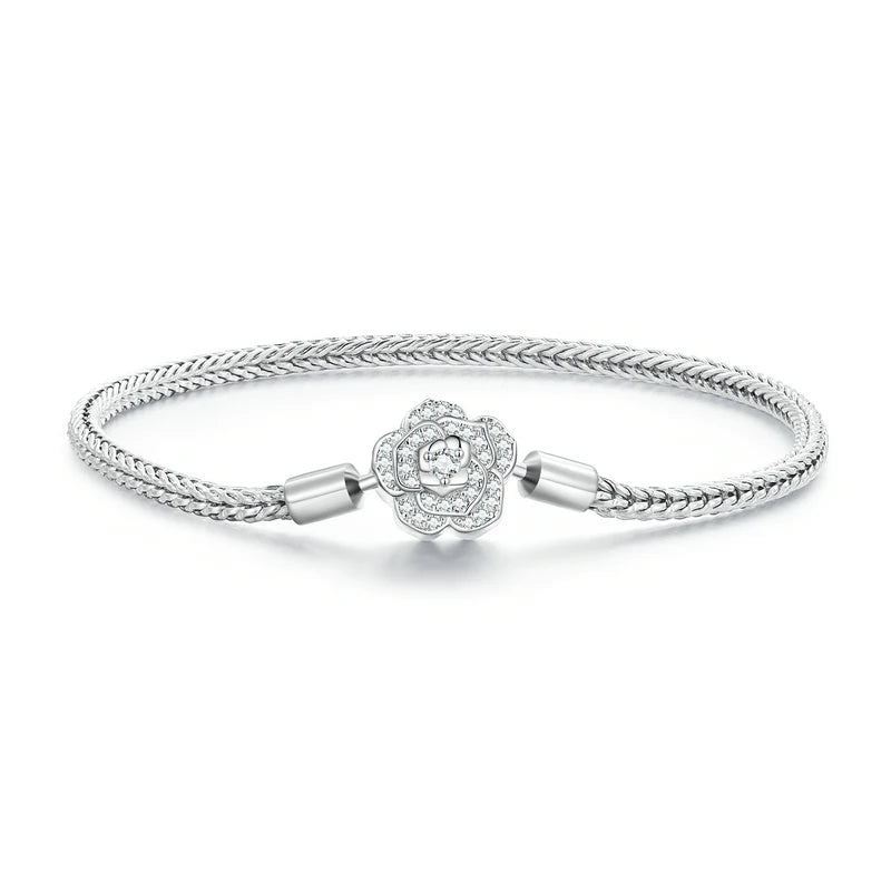 Bamoer 925 Sterling Silver Zircon Rose Buckle Bracelet Snake Chain for Women Bead Charm DIY Chic Jewelry Gift BSB096 Mirror Quenn