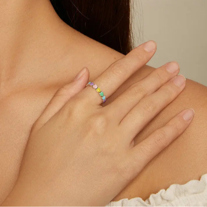BAMOER 925 Sterling Silver Cute Rainbow Heart Finger Ring for Women Stackable Silver Ring with Mini Hearts Trendy Jewelry Mirror Quenn