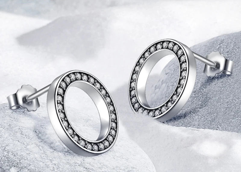 BAMOER Forever Clear CZ 925 Sterling Silver Circle Round Stud Earrings with CZ Jewelry GIFT Oorbellen Bijoux PAS437 Mirror Quenn