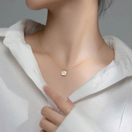 Modian Authentic 925 Sterling Silver Natural Dainty Shell Gold Color Square Pendant Link Chain Necklace for Women Fine Jewelry Mirror Quenn