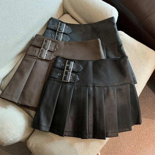 Mirrorquenn Y2K PU Leather Mini Skirt – High Waist Pleated Slim Fit, A-Line, Vintage Black Streetwear Skirt for Women