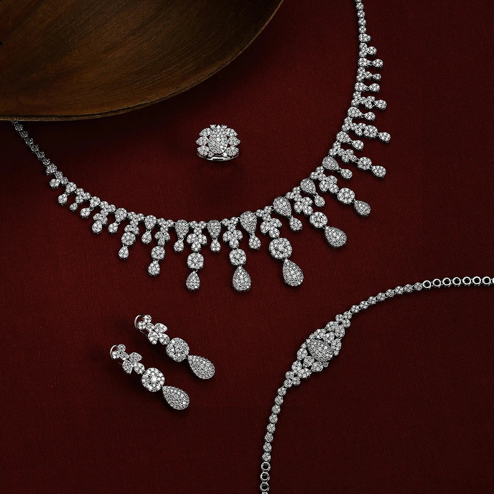 ATTAGEMS Vintage s925 Silver Moissanite Jewelry Set forWomen Tassel Water Drop Necklace Earrings Ring Bracelet for Wedding Party